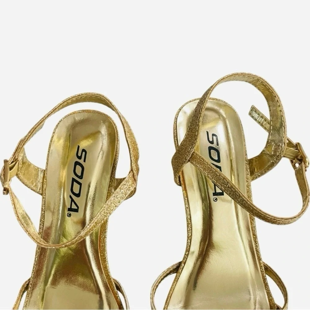 Soda Girl’s Gold Glitter Heel Sandals – Size 1 Big Kid – 2” Low Heel, Open Toe